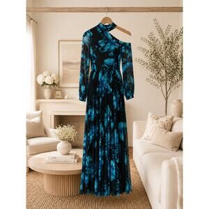 XSCAPE Black Teal Floral Pleated Maxi Gown Mock Neck Cutout Formal Dress 6 NWT